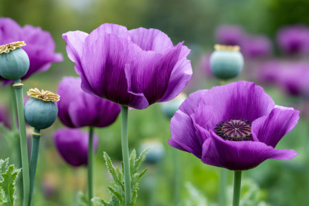 Purple poppy flowers blooming in a field, creating a vibrant and colorful sceneの素材