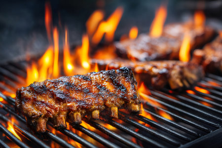 Juicy barbecue spareribs grilling over flames on a hot charcoal grillの素材