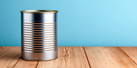 Closed metal tin can standing on wooden table against blue background, food preservation and storage conceptの素材
