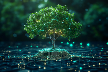 Lush green tree with glowing digital lines growing from futuristic circuit board symbolizes sustainable technology and environmental conservationの素材