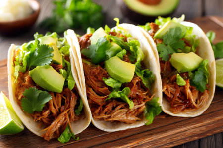 Delicious pulled pork tacos with cilantro and avocado slices resting on wooden boardの素材