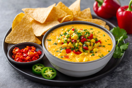 Delicious queso dip topped with corn, red peppers, and cilantro, served with tortilla chips and garnished with jalapeno and diced red peppersの素材