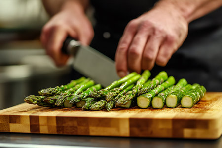 Chef expertly cuts asparagus on a wooden board in a kitchen settingの素材