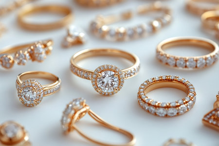 Many golden rings with diamonds sparkling on a white background, creating a luxurious and elegant jewelry displayの素材