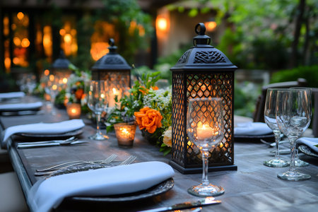 Elegant table setting with lanterns and flowers creating a romantic ambiance for outdoor diningの素材