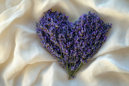 Lavender heart resting on elegant, flowing fabricの素材