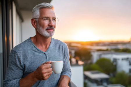 Thoughtful senior man drinking coffee on balcony, enjoying sunset view over cityscapeの素材