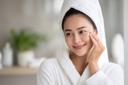 Smiling asian woman wearing bathrobe and towel applying moisturizing cream on her face after showerの素材