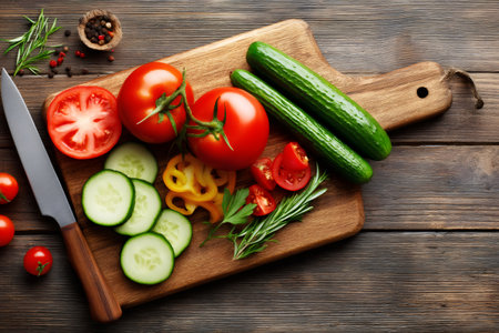 Vibrant vegetables and aromatic herbs arranged on a cutting board, ready for culinary creationsの素材