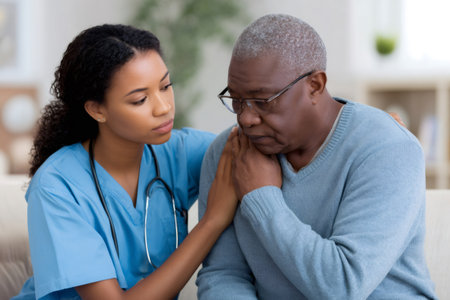 Caring nurse supporting depressed elderly patient at home, comforting him with a tender touchの素材