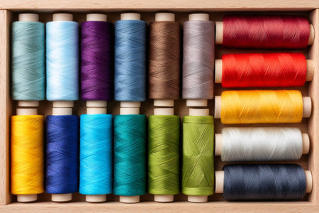 Set of spools of thread neatly arranged, showcasing vibrant colors for sewing and embroidery projectsの素材