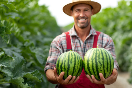 Farmer proudly displaying two ripe watermelons in a greenhouse, showcasing a successful harvestの素材