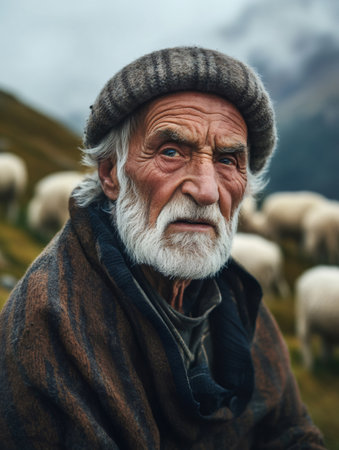 Senior shepherd wearing a wool hat and traditional clothing watching over his flock of sheep grazing on a mountainsideの素材
