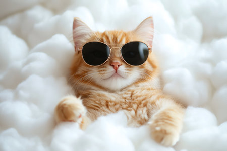 Ginger cat lounging in fluffy clouds with stylish sunglassesの素材