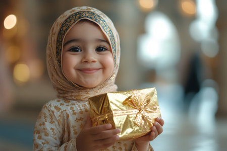 Adorable muslim girl holding a golden gift box and smiling, celebrating a special occasion at homeの素材