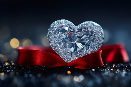 Heart shaped diamond with a red ribbon, symbolizing love and luxuryの素材