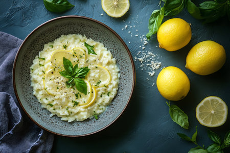 Delicious lemon risotto garnished with fresh basil on a rustic tableの素材