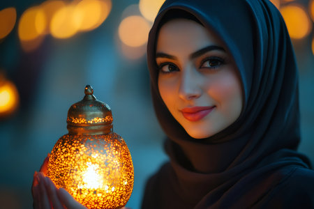 Portrait of a young Muslim woman wearing a hijab and holding a glowing lantern, celebrating Ramadan, Diwali, or another festive occasionの素材