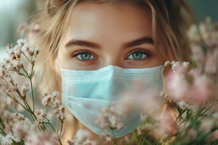 Woman wearing protective face mask holding a bouquet of small white and pink flowersの素材