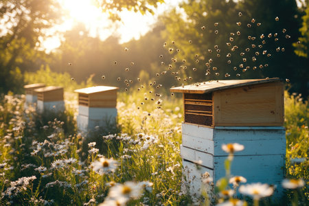 Bees swarming around beehives in a lush, sunlit fieldの素材