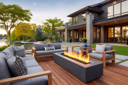 Relaxing outdoor living space with comfortable seating, a modern fire pit, and a view of the lake at sunsetの素材