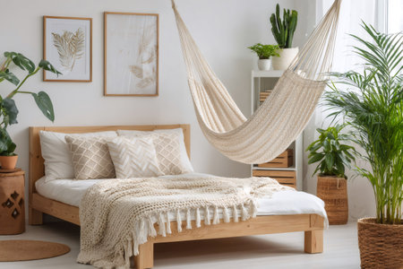 Cozy bohemian bedroom features natural materials, hammock, and lush greenery, creating a tranquil and relaxing spaceの素材