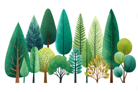 Watercolor painting showcasing a diverse group of stylized trees and shrubs, celebrating the beauty and tranquility of natureの素材