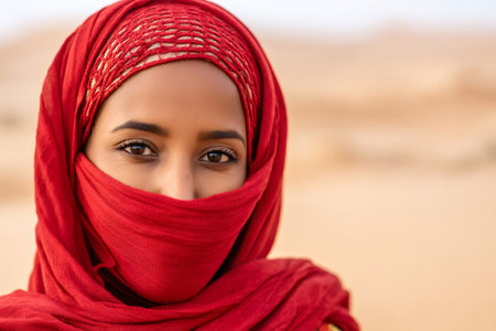 Portrait of Berber woman wearing red veil in the desertの素材