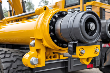Close up of a hydraulic piston system of a lifting crane in operation, showcasing its power and functionalityの素材