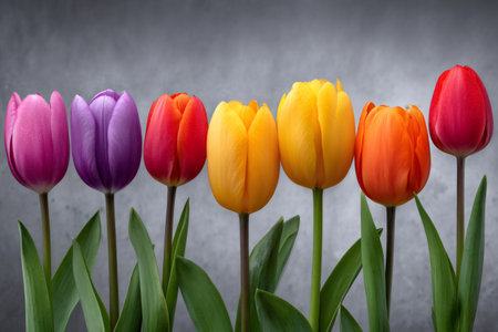 Vibrant tulips create a colorful spectrum against a neutral gray backdrop, celebrating the beauty of springの素材