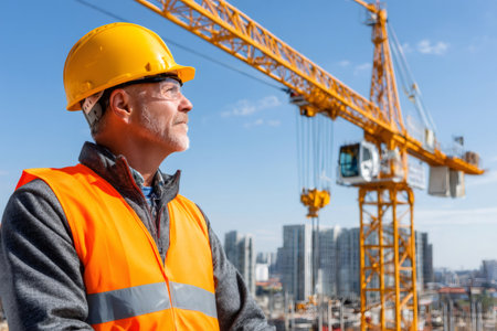 Construction engineer wearing high visibility vest and hardhat inspecting building site with crane and city skyline in backgroundの素材