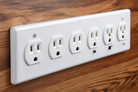 White multiple socket power outlet on wooden wall providing electricity with usb chargerの素材