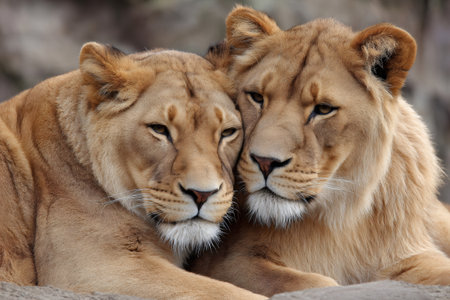 Two lions peacefully resting with heads gently touchingの素材