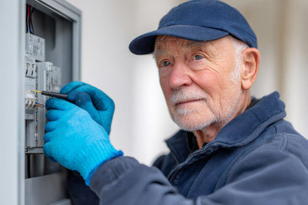 Senior electrician wearing protective gloves using screwdriver checking power supply boxの素材