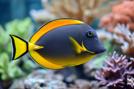 Gem tang or yellow eyed kole tang swimming in coral reef aquariumの素材