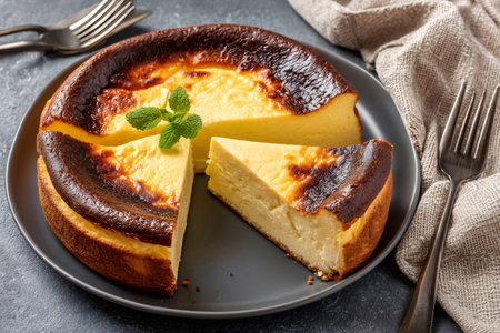 Sliced Basque burnt cheesecake decorated with fresh mint leaves, served on a dark gray plateの素材