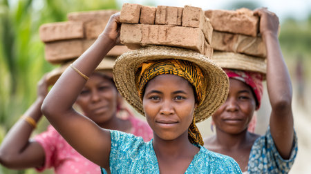 Group of African women working hard carrying bricks on their heads at a construction siteの素材