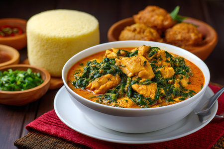 Delicious efo riro, a Nigerian spinach stew with chicken, served with fufu, fried plantains and condiments on a wooden tableの素材