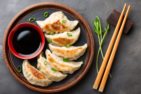 Delicious pan fried gyoza dumplings, served on a plate with soy sauce and chopsticks, garnished with spring onionsの素材