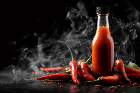 Small bottle of hot sauce surrounded by fresh chili peppers and spices, with smoke coming out of the backgroundの素材