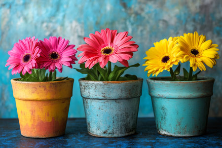 Three gerbera daisies in colorful pots against a textured backgroundの素材