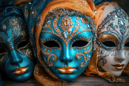 Elegant Venetian carnival masks decorated with gold and jewels are displayed on a wooden surfaceの素材