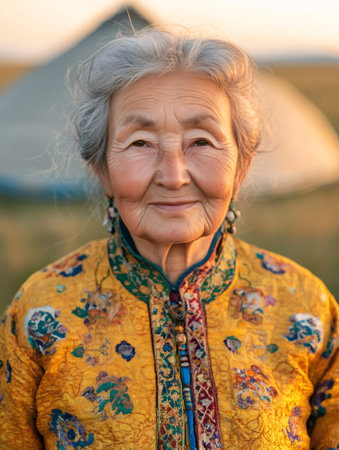 Portrait of a serene elderly Kazakh woman in traditional attire, smiling gently against the backdrop of a yurt at sunsetの素材