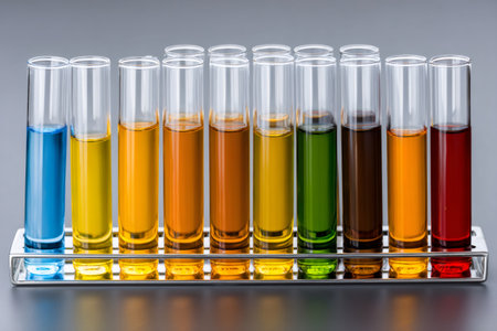 Glass test tubes containing colorful liquid chemical samples are arranged in a metal rack in a laboratory setting, creating a vibrant scientific imageの素材