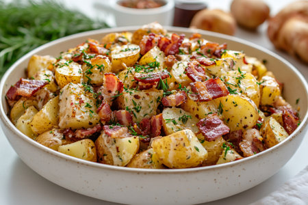 Creamy potato salad topped with crispy bacon and fresh herbs, making a delicious and flavorful side dishの素材