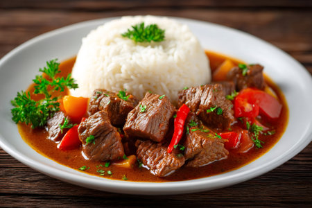 Beef stew with rice, vegetables, and herbs is served on a white plate, creating a visually appealing and flavorful culinary experienceの素材
