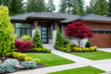 Lush landscaping surrounds a contemporary suburban home with a manicured lawn, showcasing curb appeal and modern designの素材