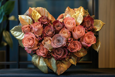 Elegant heart-shaped bouquet with vibrant roses and golden leavesの素材