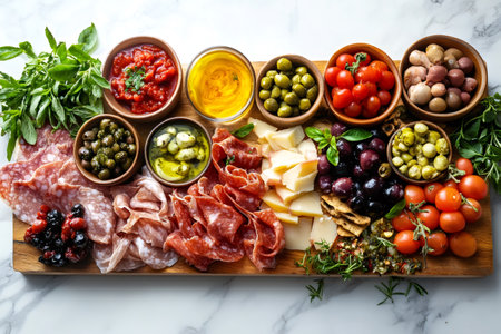 Wooden charcuterie board offering a delightful assortment of cured meats, cheeses, olives, and other appetizers, creating a visually appealing and flavorful experienceの素材