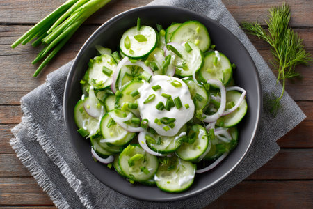 Healthy cucumber salad with sour cream, red onion, chives and dill in a dark gray bowl on a wooden table, garnished with fresh chives and dillの素材